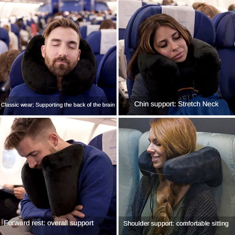 H-shaped inflatable travel pillow with hood foldable lightweight neck car seat, popular chair office airplane seat pillow - Slobuy