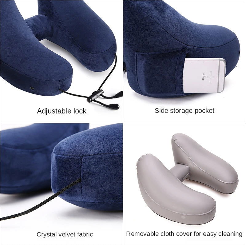 H-shaped inflatable travel pillow with hood foldable lightweight neck car seat, popular chair office airplane seat pillow - Slobuy