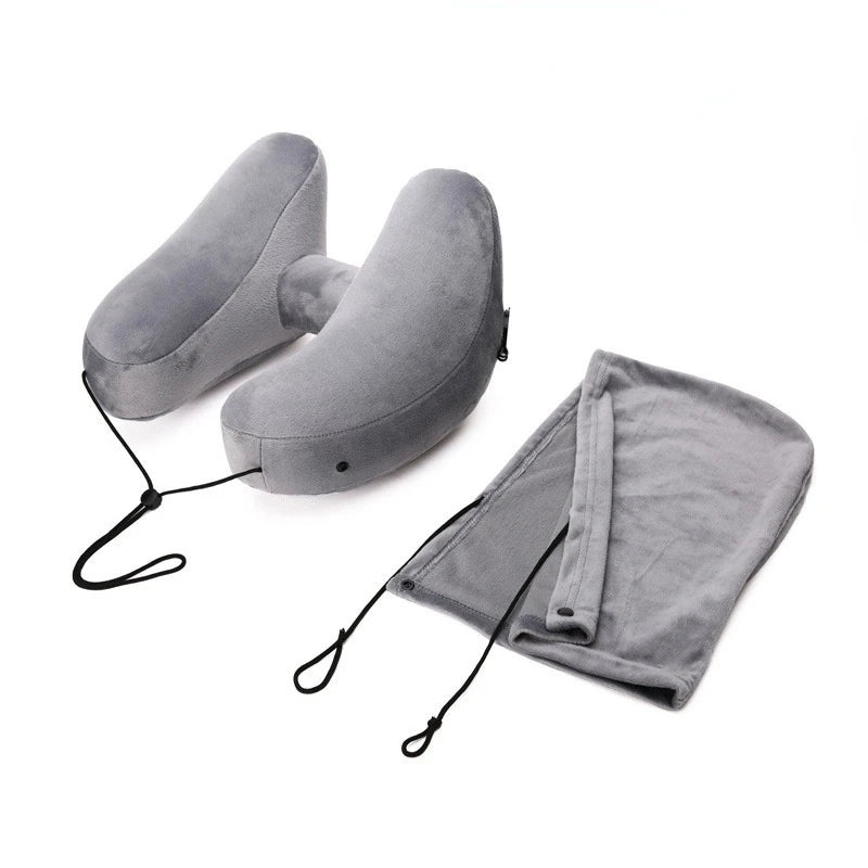 H-shaped inflatable travel pillow with hood foldable lightweight neck car seat, popular chair office airplane seat pillow - Slobuy