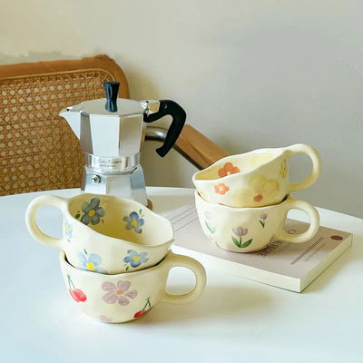 Hand Pinched Irregular Flower Ceramic Mugs Coffee Cups Milk Tea Cup Ins Korean Style Oatmeal Breakfast Mug Drinkware Kitchen cup - Slobuy