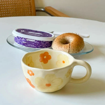 Hand Pinched Irregular Flower Ceramic Mugs Coffee Cups Milk Tea Cup Ins Korean Style Oatmeal Breakfast Mug Drinkware Kitchen cup - Slobuy
