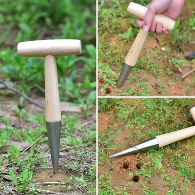 Hand Sow Dibbler With Wood Handle For Sowing Seeds Transplanting Plants Planting Bulbs Digging Gardening Garden Hole Punch Tool - Slobuy