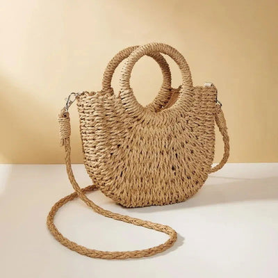 Handwoven Straw Rattan Half-Moon Beach Handbag Large Capacity Women Summer Hollow Out Crossbody Shoulder Bag - Slobuy