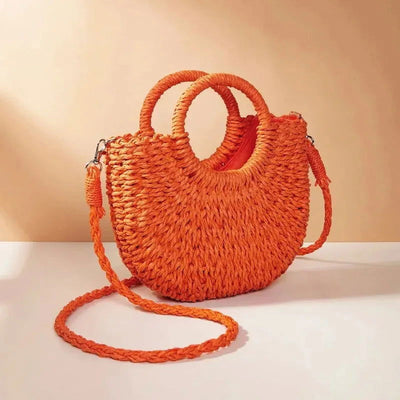 Handwoven Straw Rattan Half-Moon Beach Handbag Large Capacity Women Summer Hollow Out Crossbody Shoulder Bag - Slobuy