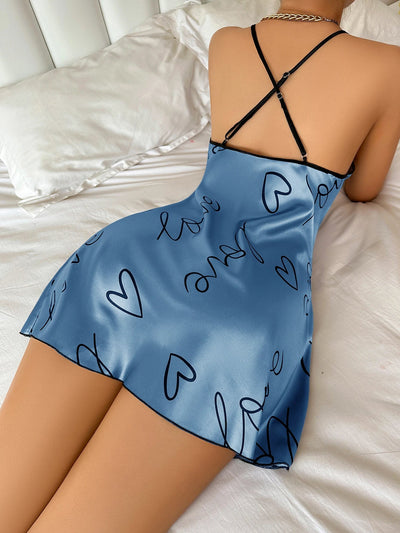 Heart   Letter Print Nightdress  Casual Round Neck Spaghetti Strap Sleep Dress  Women's Sleepwear   Dresses - Slobuy