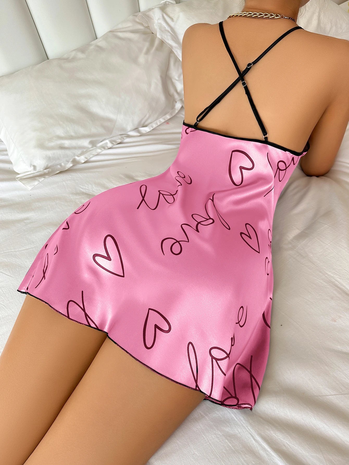 Heart   Letter Print Nightdress  Casual Round Neck Spaghetti Strap Sleep Dress  Women's Sleepwear   Dresses - Slobuy