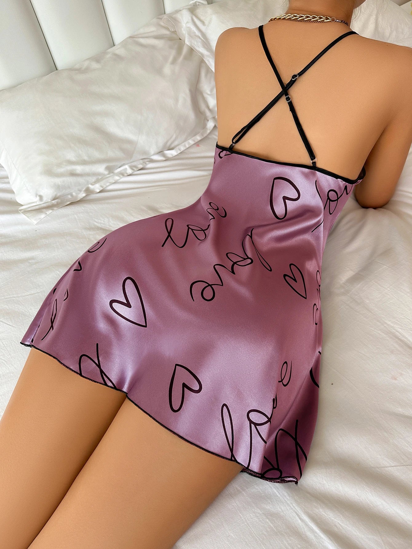 Heart   Letter Print Nightdress  Casual Round Neck Spaghetti Strap Sleep Dress  Women's Sleepwear   Dresses - Slobuy