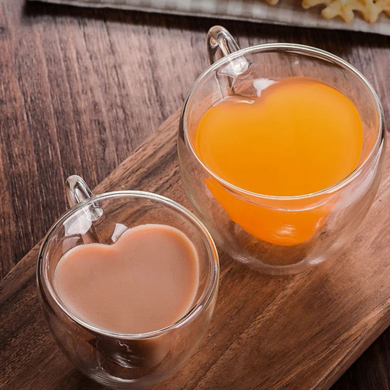 Heart Love Shaped Glass Mug Couple Cups Double Glass Cup Heat-Resisting Wine Glasses Tea Mugs Milk Espresso Coffee Cup Drinkware - Slobuy