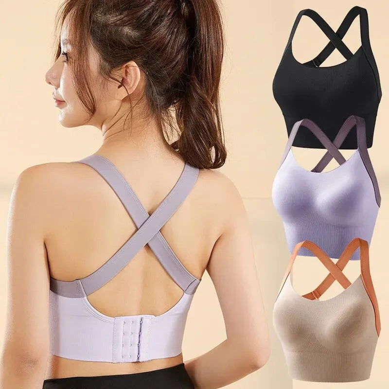 High-Intensity Sports Underwear Women Back Color Collision One-Piece Sports Bra Outer Wear Cross Strap Back Yoga Undershirt - Slobuy