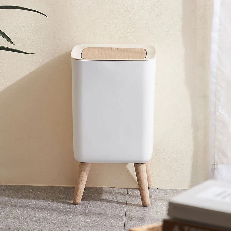 High Foot Wood Grain Trash Can Kitchen Bathroom Living Room Home Desktop Storage Bucket Office Hotel Trash Can Waste Bins - Slobuy