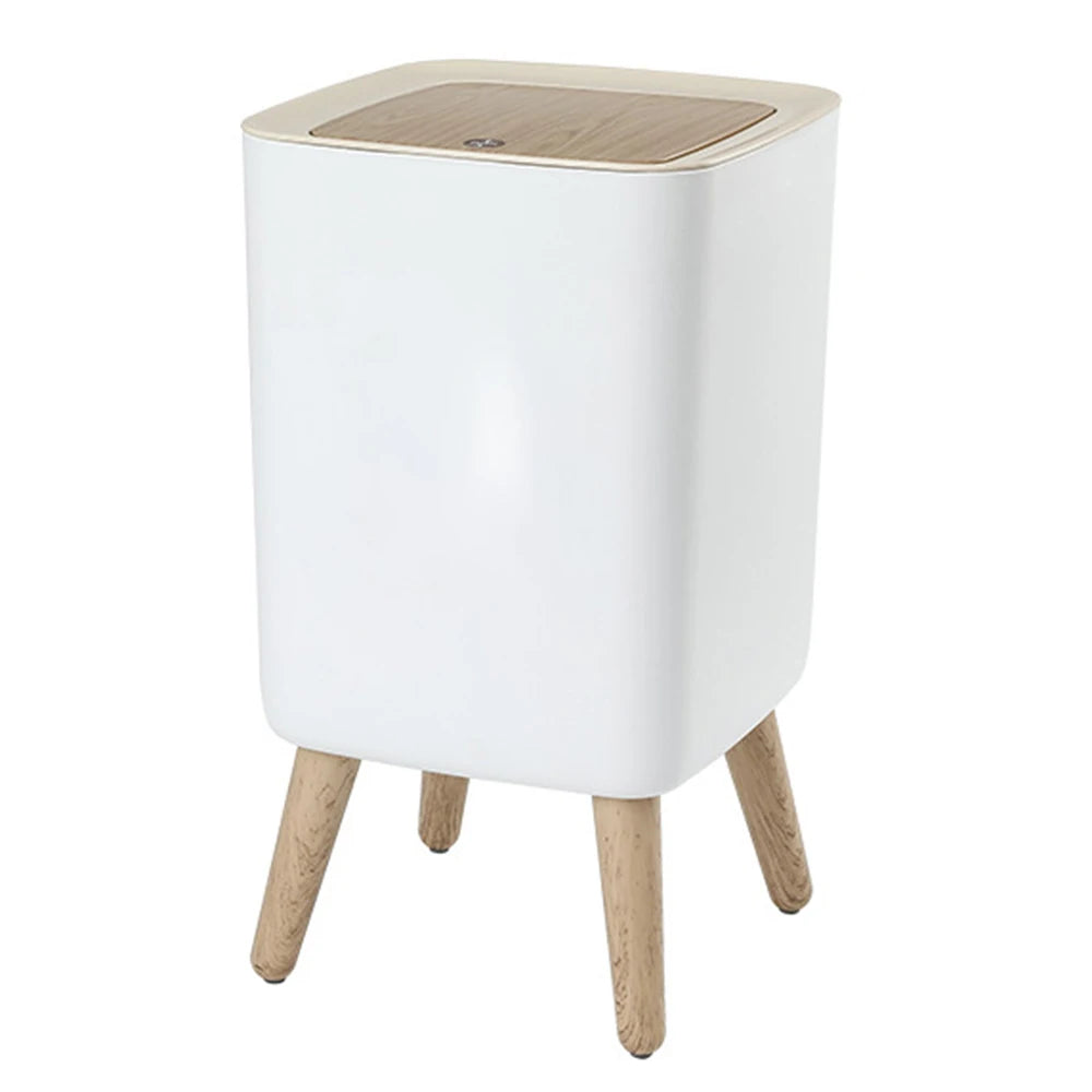 High Foot Wood Grain Trash Can Kitchen Bathroom Living Room Home Desktop Storage Bucket Office Hotel Trash Can Waste Bins - Slobuy