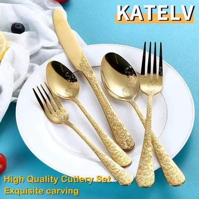 High Quality Cutlery Set Handle Exquisite carving Stainless Steel Golden Tableware Knife Fork Spoon Flatware Set Silverware Set - Slobuy