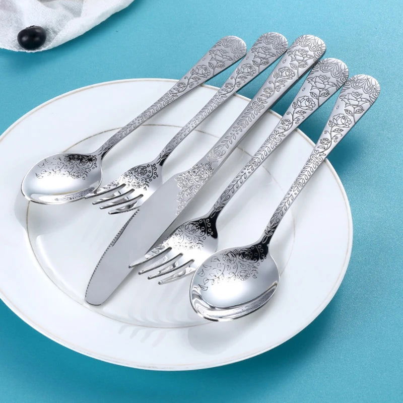 High Quality Cutlery Set Handle Exquisite carving Stainless Steel Golden Tableware Knife Fork Spoon Flatware Set Silverware Set - Slobuy