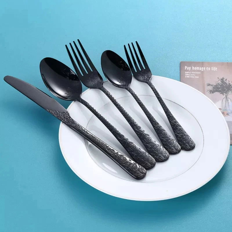 High Quality Cutlery Set Handle Exquisite carving Stainless Steel Golden Tableware Knife Fork Spoon Flatware Set Silverware Set - Slobuy