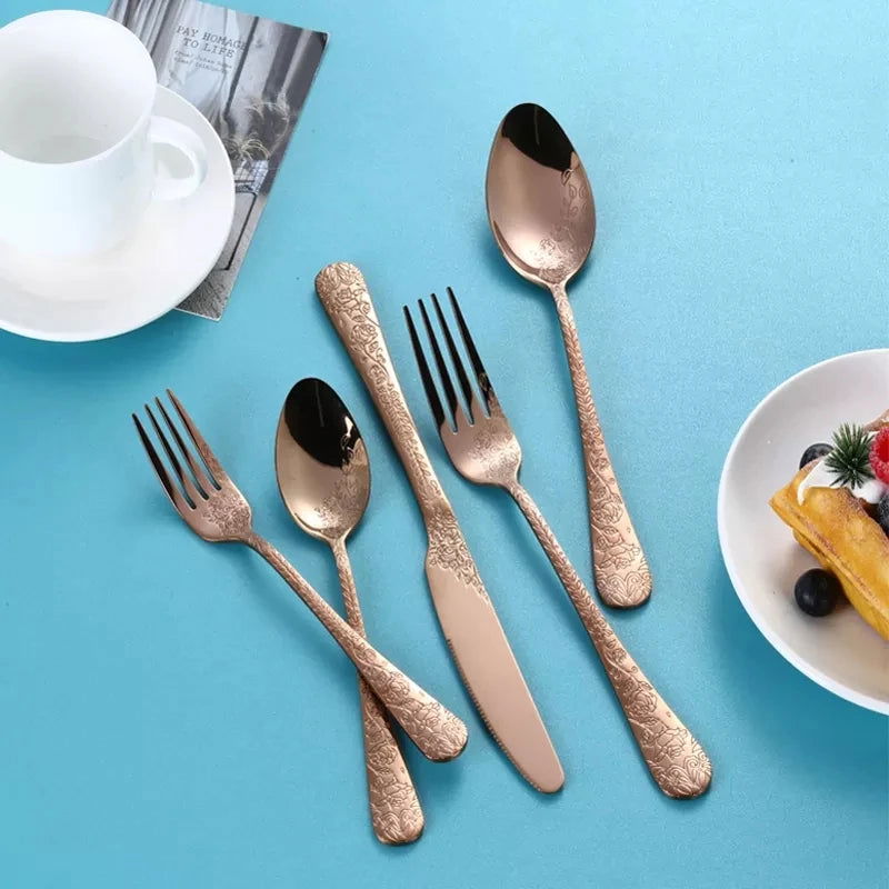 High Quality Cutlery Set Handle Exquisite carving Stainless Steel Golden Tableware Knife Fork Spoon Flatware Set Silverware Set - Slobuy