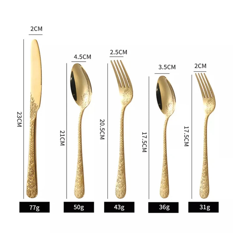 High Quality Cutlery Set Handle Exquisite carving Stainless Steel Golden Tableware Knife Fork Spoon Flatware Set Silverware Set - Slobuy