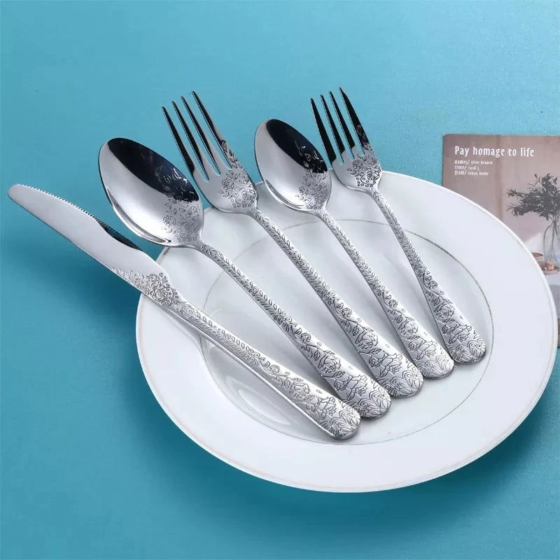 High Quality Cutlery Set Handle Exquisite carving Stainless Steel Golden Tableware Knife Fork Spoon Flatware Set Silverware Set - Slobuy