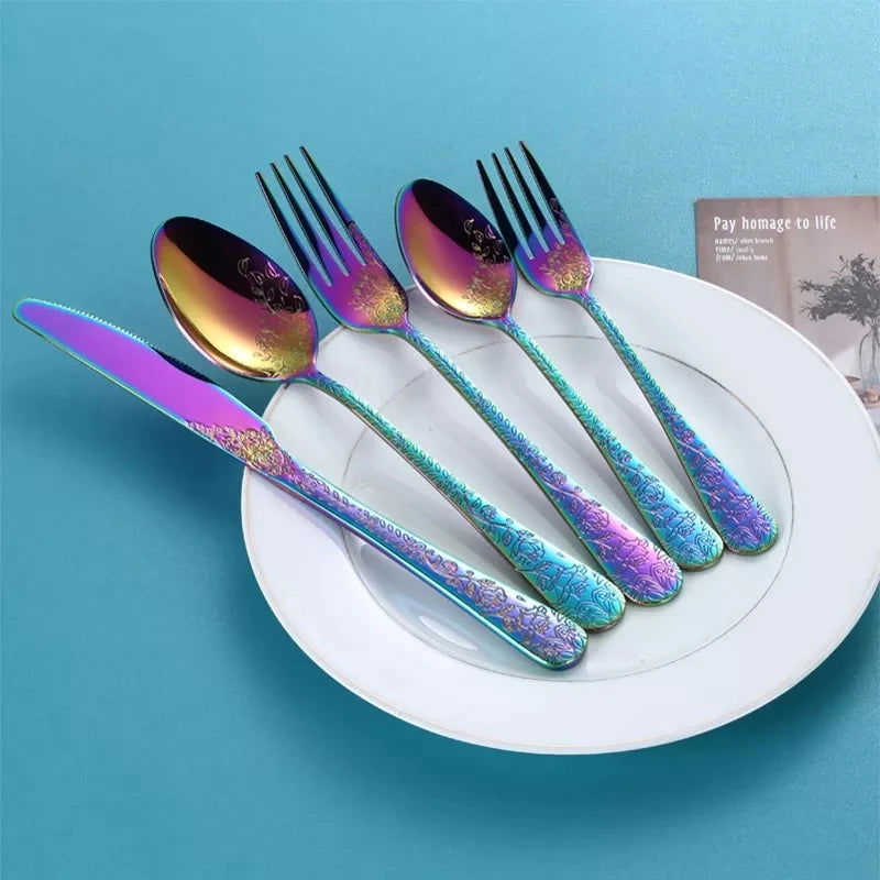 High Quality Cutlery Set Handle Exquisite carving Stainless Steel Golden Tableware Knife Fork Spoon Flatware Set Silverware Set - Slobuy