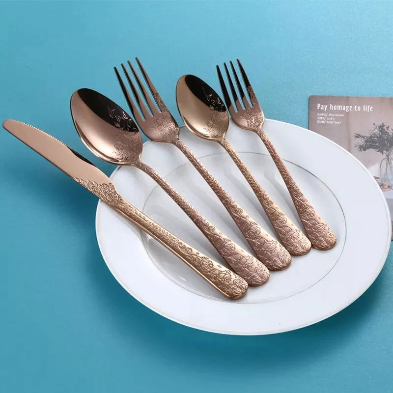 High Quality Cutlery Set Handle Exquisite carving Stainless Steel Golden Tableware Knife Fork Spoon Flatware Set Silverware Set - Slobuy