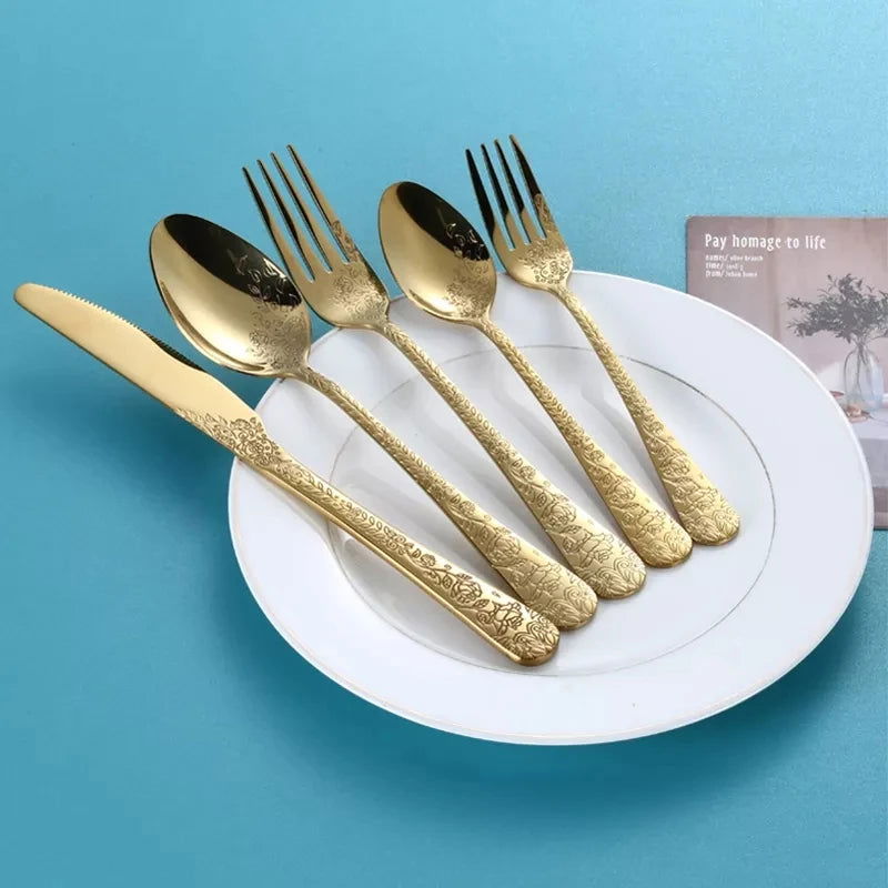 High Quality Cutlery Set Handle Exquisite carving Stainless Steel Golden Tableware Knife Fork Spoon Flatware Set Silverware Set - Slobuy