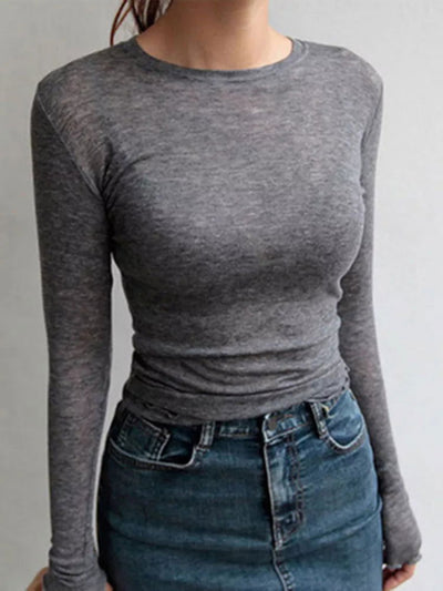 High Quality Plain T Shirt Women Cotton Elastic Basic T-shirts Female Casual Tops Long Sleeve Sexy Thin T-shirt see through - Slobuy