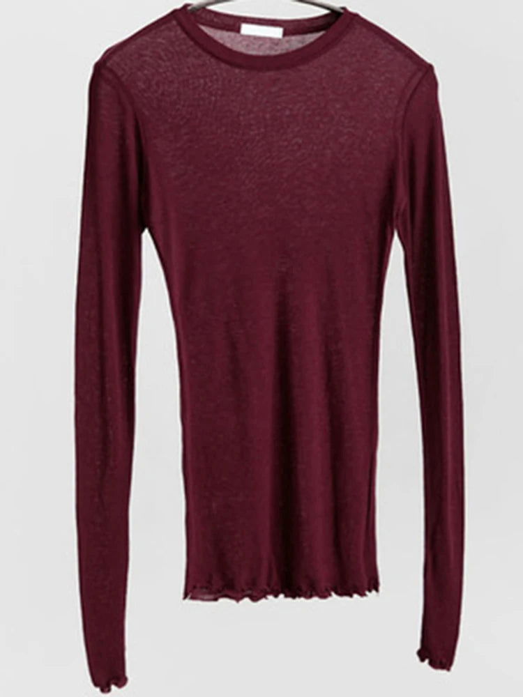 High Quality Plain T Shirt Women Cotton Elastic Basic T-shirts Female Casual Tops Long Sleeve Sexy Thin T-shirt see through - Slobuy