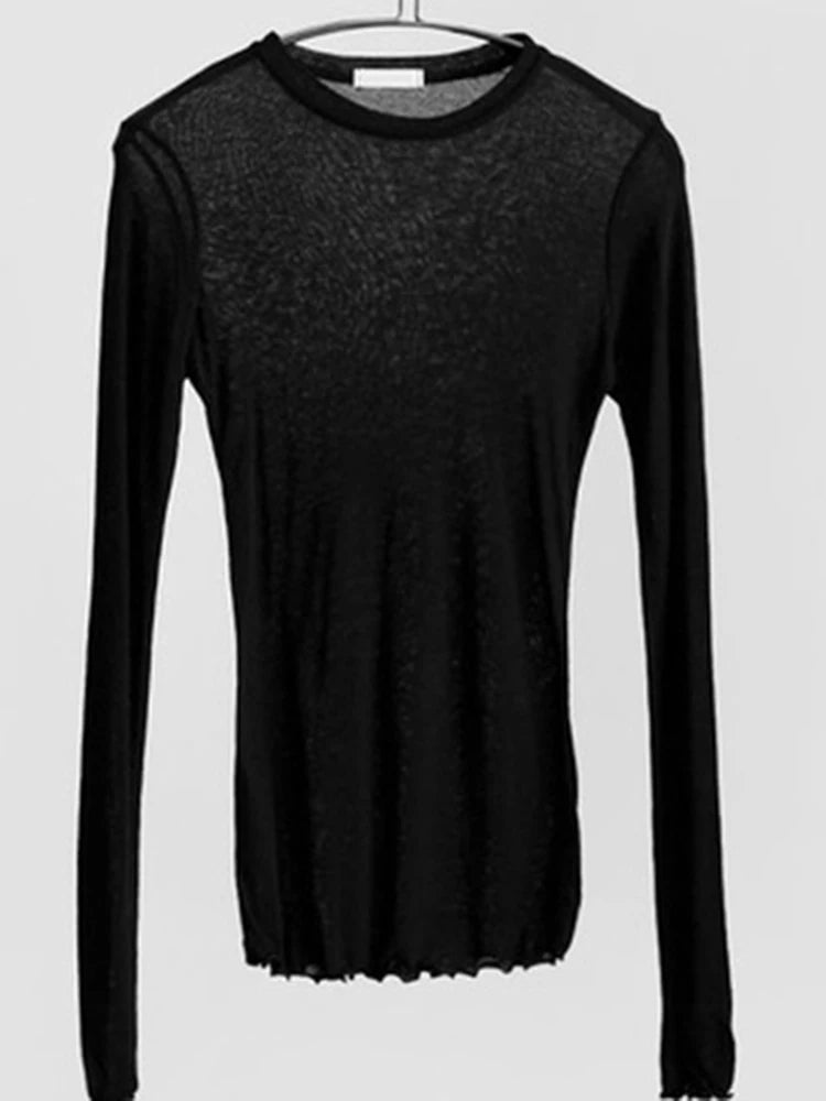 High Quality Plain T Shirt Women Cotton Elastic Basic T-shirts Female Casual Tops Long Sleeve Sexy Thin T-shirt see through - Slobuy