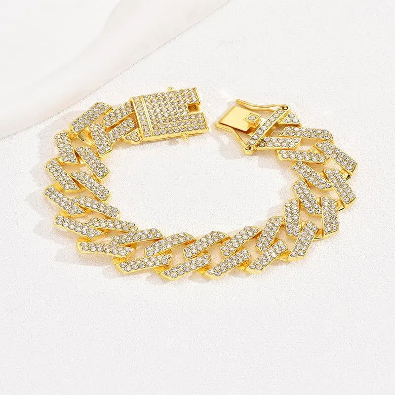Hip Hop Miami Link Chain Gold Bracelet Clear Crystal Stone Fold Over Closure Big Chain Bracelet For Men Personlity Accessory - Slobuy