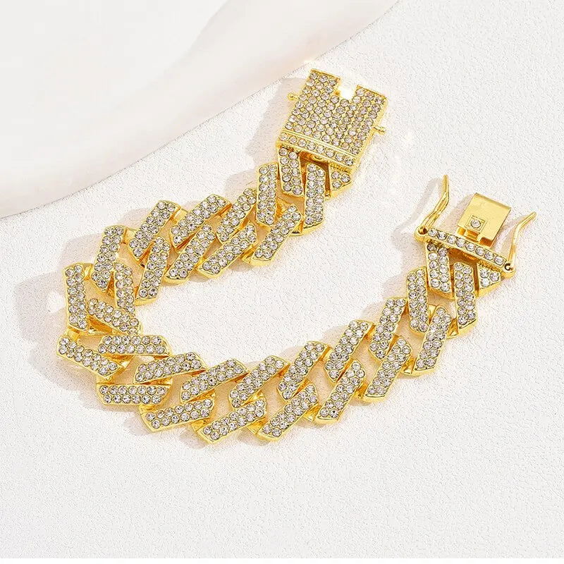 Hip Hop Miami Link Chain Gold Bracelet Clear Crystal Stone Fold Over Closure Big Chain Bracelet For Men Personlity Accessory - Slobuy