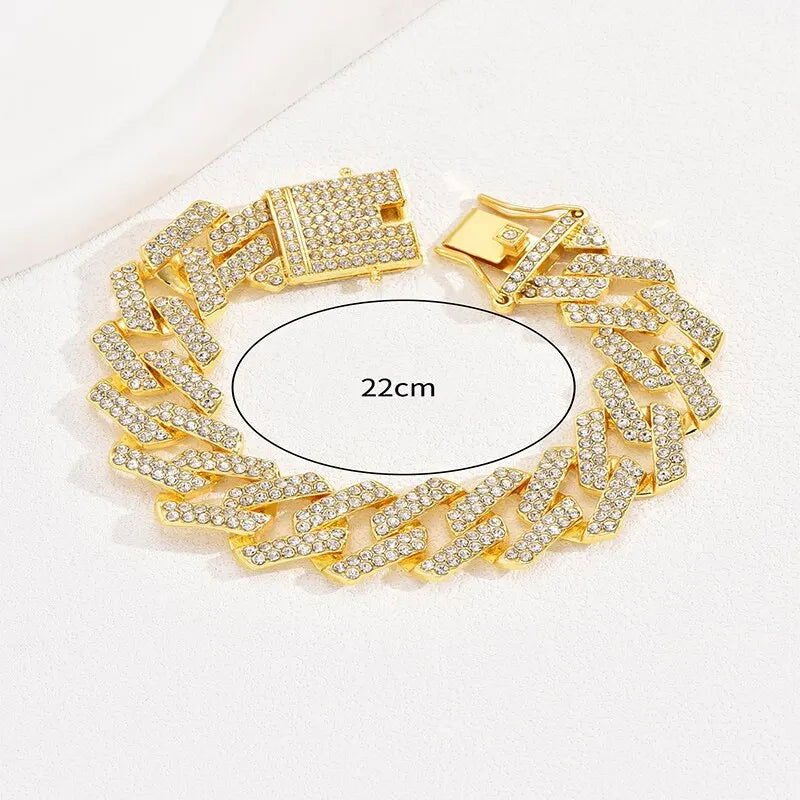 Hip Hop Miami Link Chain Gold Bracelet Clear Crystal Stone Fold Over Closure Big Chain Bracelet For Men Personlity Accessory - Slobuy