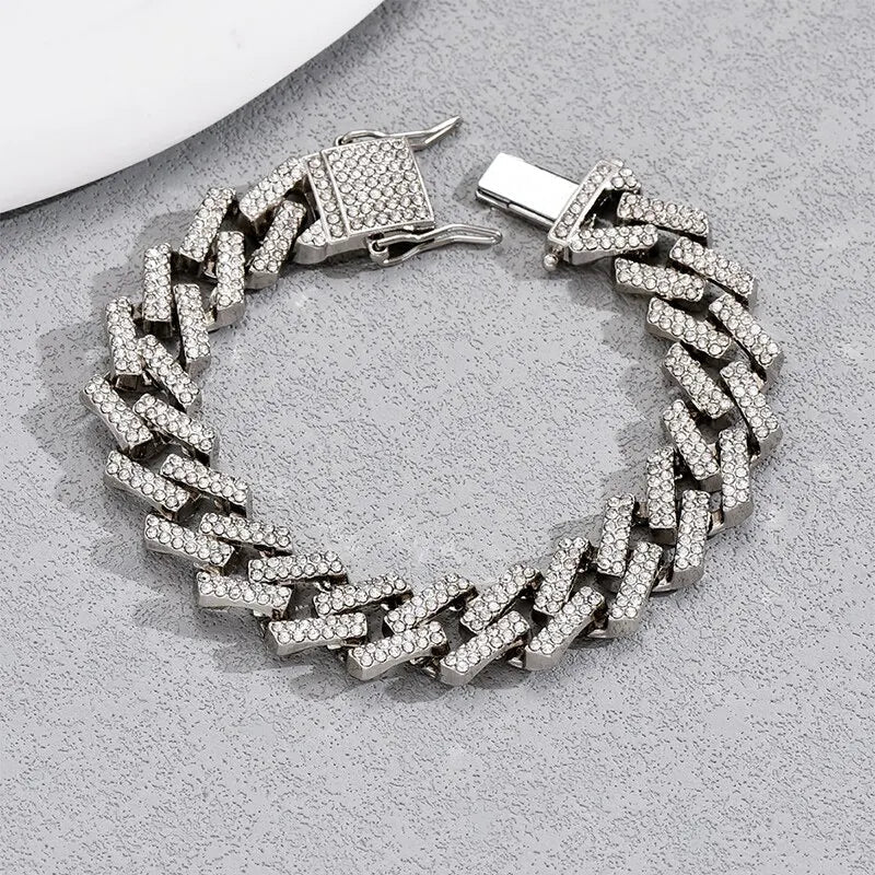 Hip Hop Miami Link Chain Gold Bracelet Clear Crystal Stone Fold Over Closure Big Chain Bracelet For Men Personlity Accessory - Slobuy