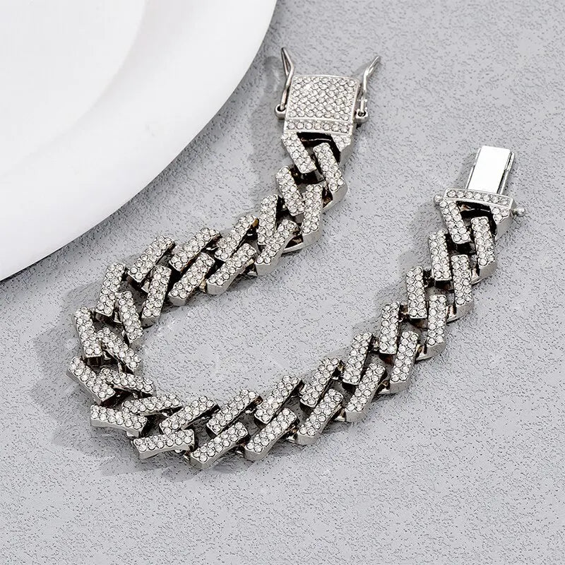 Hip Hop Miami Link Chain Gold Bracelet Clear Crystal Stone Fold Over Closure Big Chain Bracelet For Men Personlity Accessory - Slobuy