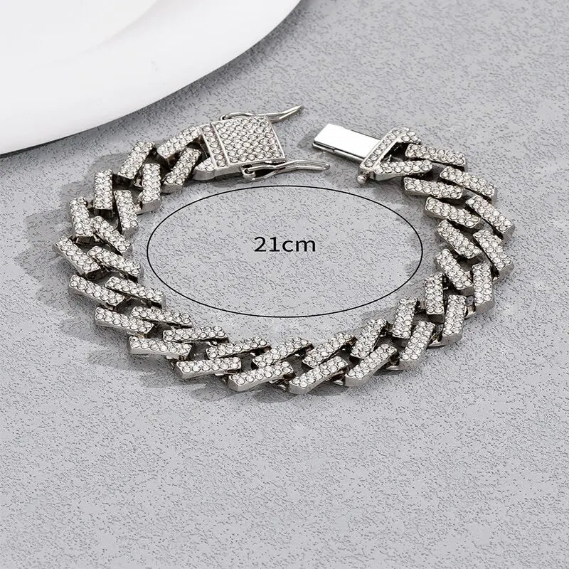Hip Hop Miami Link Chain Gold Bracelet Clear Crystal Stone Fold Over Closure Big Chain Bracelet For Men Personlity Accessory - Slobuy