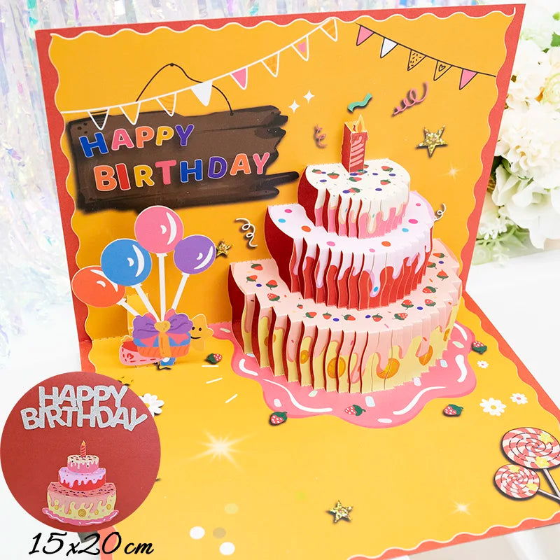 Hot 3D Pop UP Happy Birthday Cards Invitation Cake Greeting Card Business Kids Gift Tourist Postcard for Friend Dad Mom Present - Slobuy