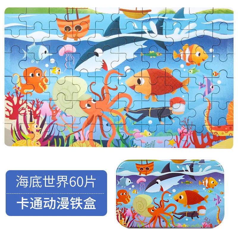 Hot New 60 Pieces Wooden Puzzle Toys for Children Cartoon Vehicle Animal Wood Jigsaw Baby Learning Educational Toy Kids Gift - Slobuy