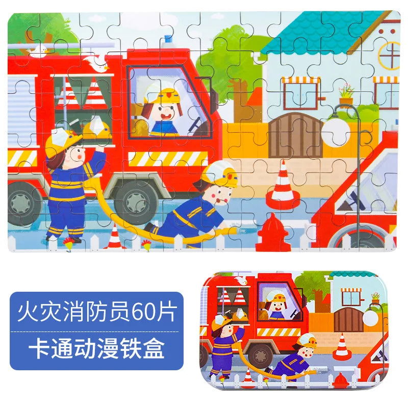 Hot New 60 Pieces Wooden Puzzle Toys for Children Cartoon Vehicle Animal Wood Jigsaw Baby Learning Educational Toy Kids Gift - Slobuy