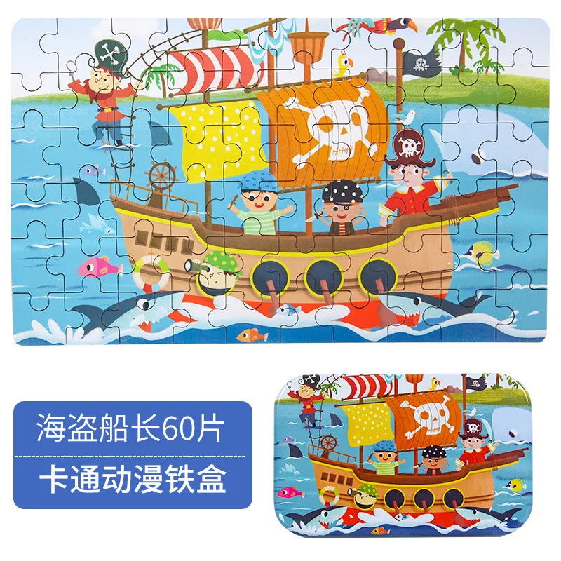 Hot New 60 Pieces Wooden Puzzle Toys for Children Cartoon Vehicle Animal Wood Jigsaw Baby Learning Educational Toy Kids Gift - Slobuy