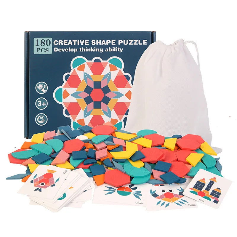 Hot Sale 180Pcs Montessori Kids Wooden 3D Geometric Shape Jigsaw Puzzle Board Set Baby Early Education Toys for Children - Slobuy