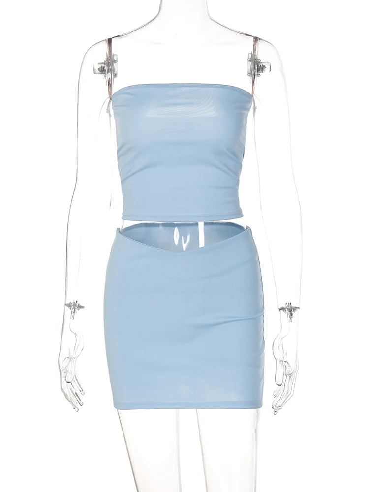 Hugcitar Solid Sleeveless Folds Tube Crop Top Skirts 2 Piece Matching Set Summer Fashion Streetwear Beach Clothing Drop Shipping - Slobuy