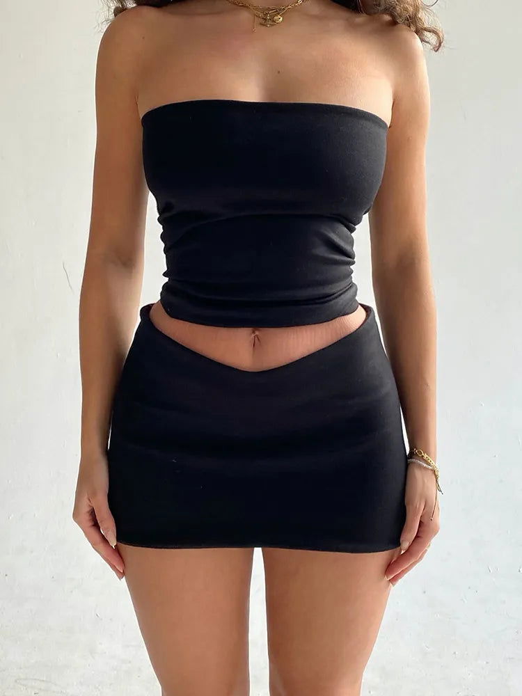 Hugcitar Solid Sleeveless Folds Tube Crop Top Skirts 2 Piece Matching Set Summer Fashion Streetwear Beach Clothing Drop Shipping - Slobuy