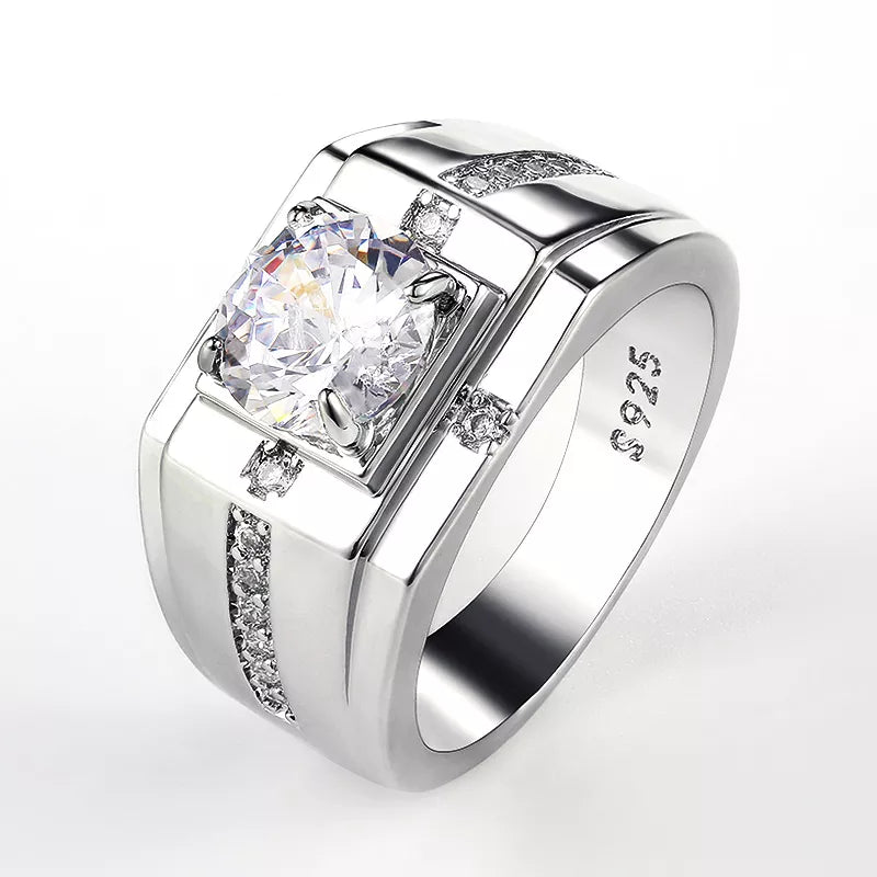 Huitan Luxury Silver Color Round Cubic Zircon Rings for Men Classic Wedding Ceremony Ring Dazzling Male Accessories Jewelry Hot - Slobuy