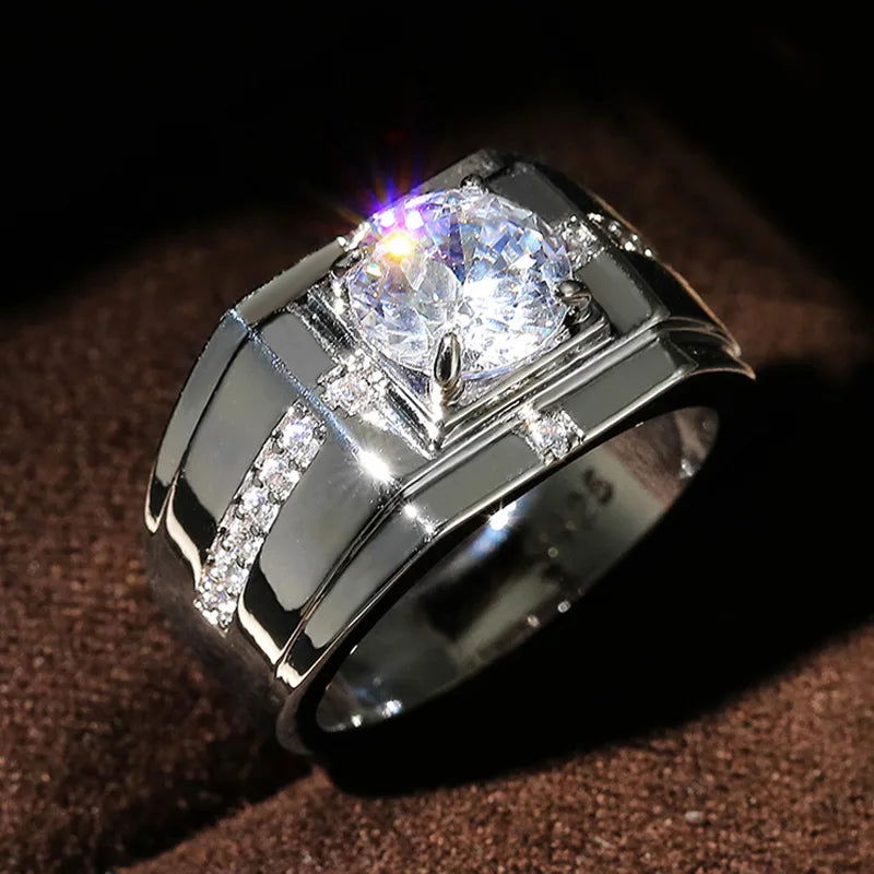 Huitan Luxury Silver Color Round Cubic Zircon Rings for Men Classic Wedding Ceremony Ring Dazzling Male Accessories Jewelry Hot - Slobuy