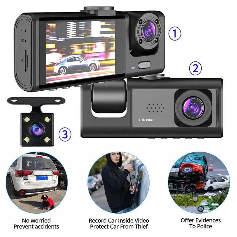 Dash Cam W/ IR Night Vision Loop Recording & 2" IPS Screen 1080P 3 Camera - Slobuy