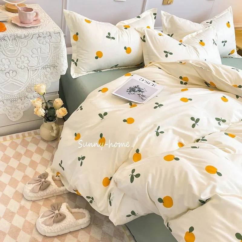 Ins Style Duvet Cover Set with Flat Sheet Pillowcases Cute Orange Cherry Crow Printed Single Double Queen Size Girls Bedding Kit - Slobuy