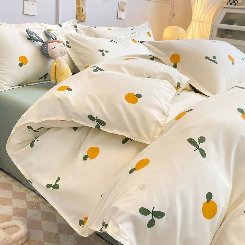 Ins Style Duvet Cover Set with Flat Sheet Pillowcases Cute Orange Cherry Crow Printed Single Double Queen Size Girls Bedding Kit - Slobuy