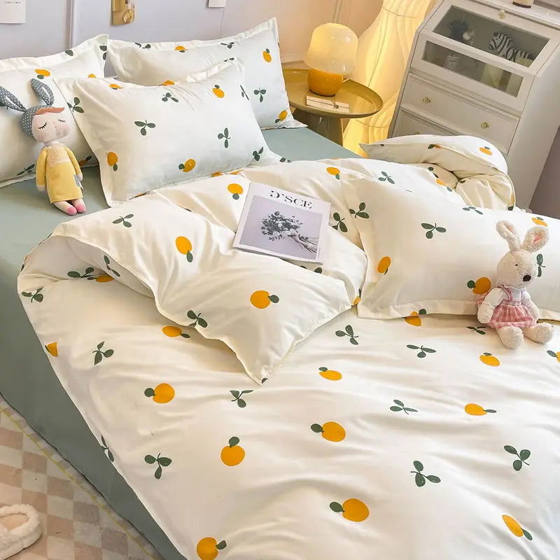 Ins Style Duvet Cover Set with Flat Sheet Pillowcases Cute Orange Cherry Crow Printed Single Double Queen Size Girls Bedding Kit - Slobuy