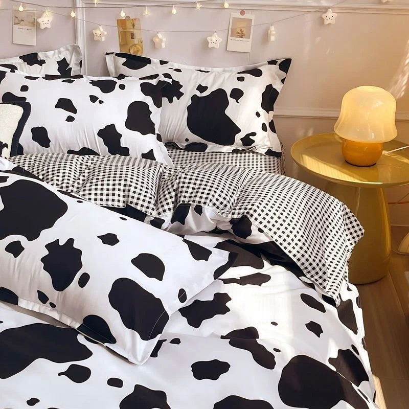 Ins Style Duvet Cover Set with Flat Sheet Pillowcases Cute Orange Cherry Crow Printed Single Double Queen Size Girls Bedding Kit - Slobuy