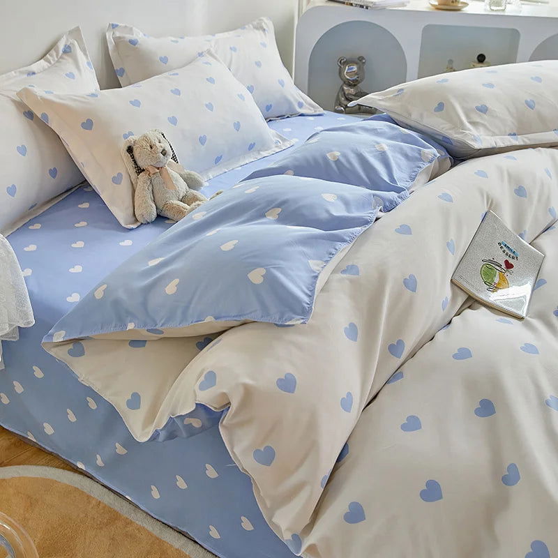 Ins Style Duvet Cover Set with Flat Sheet Pillowcases Cute Orange Cherry Crow Printed Single Double Queen Size Girls Bedding Kit - Slobuy