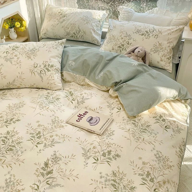 Ins Style Duvet Cover Set with Flat Sheet Pillowcases Cute Orange Cherry Crow Printed Single Double Queen Size Girls Bedding Kit - Slobuy