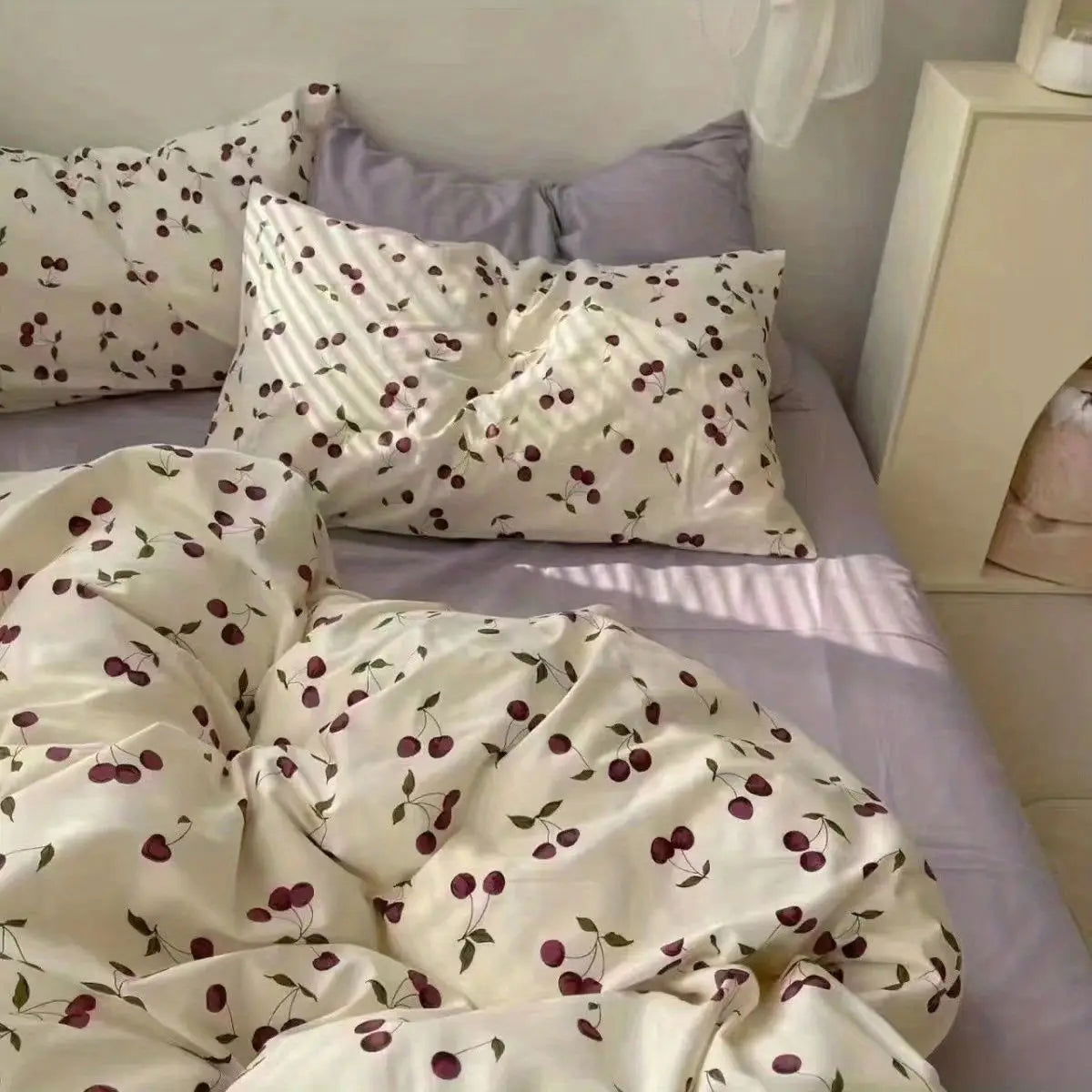 Ins Style Duvet Cover Set with Flat Sheet Pillowcases Cute Orange Cherry Crow Printed Single Double Queen Size Girls Bedding Kit - Slobuy